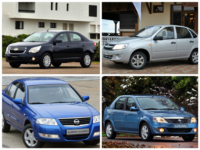 Сравнение автомобилей Chevrolet Cobalt, Nissan Almera, Renault Logan и Lada Granta